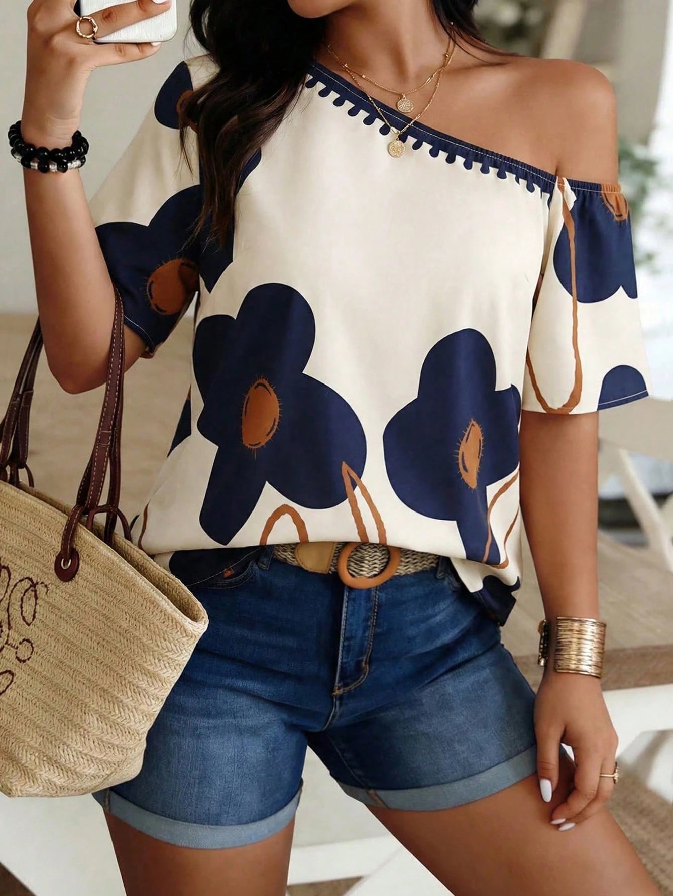 Louniche Off-Shoulder Floral Print Top, Beige & Navy Color Block Casual Blouse For Daily & Vacation