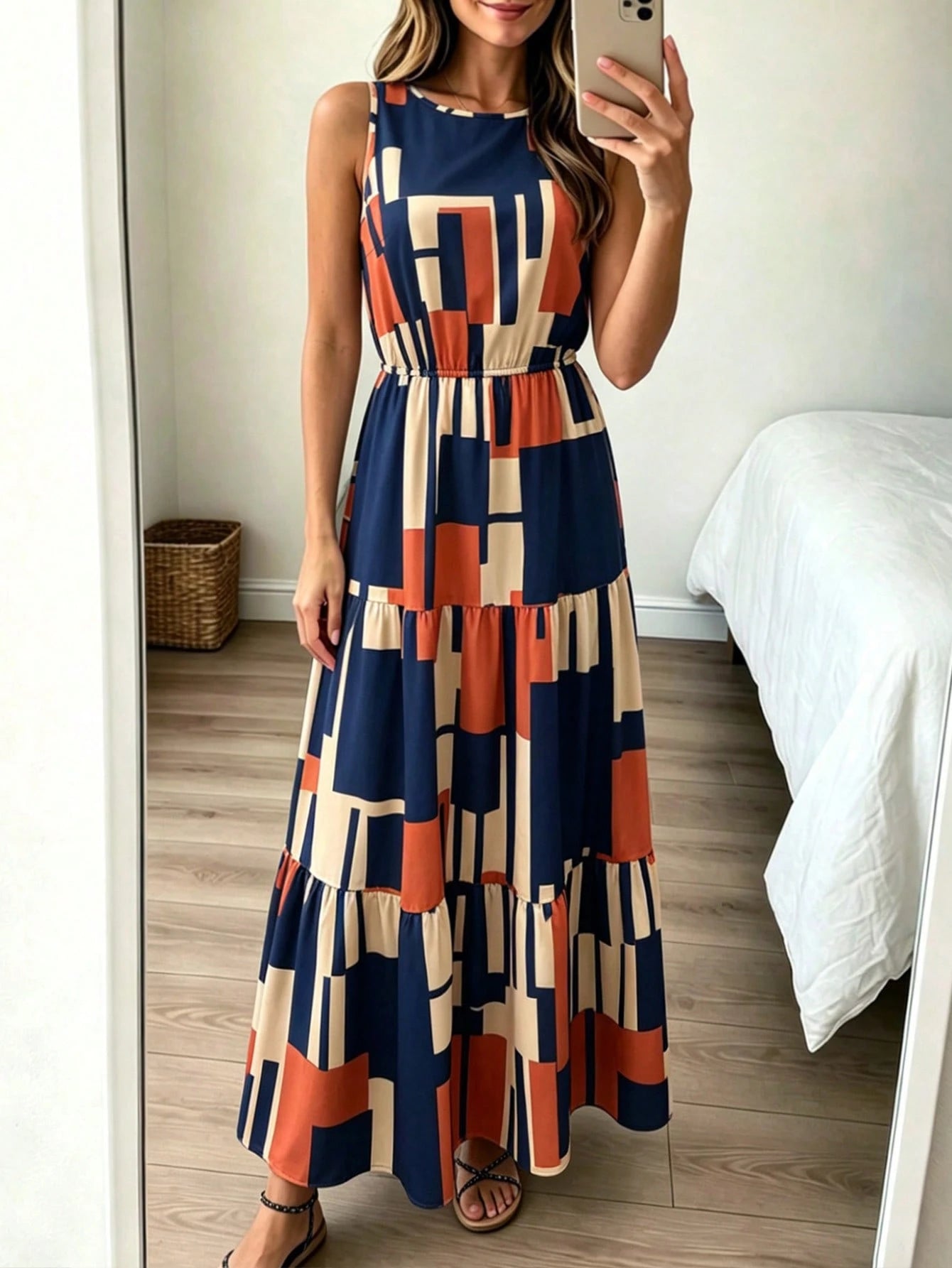 Louniche Women's Summer Round Neck Fashion Geometric Pattern All-Over Print Sleeveless Dress, Suitable For Vacation And Summer Wear, Elegant Party Dress, Suitable For Women's Party, Date, Wedding Seas