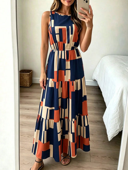 Louniche Women's Summer Round Neck Fashion Geometric Pattern All-Over Print Sleeveless Dress, Suitable For Vacation And Summer Wear, Elegant Party Dress, Suitable For Women's Party, Date, Wedding Seas
