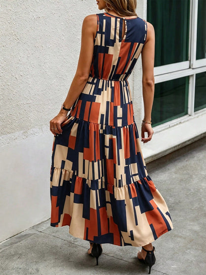 Louniche Women's Summer Round Neck Fashion Geometric Pattern All-Over Print Sleeveless Dress, Suitable For Vacation And Summer Wear, Elegant Party Dress, Suitable For Women's Party, Date, Wedding Seas