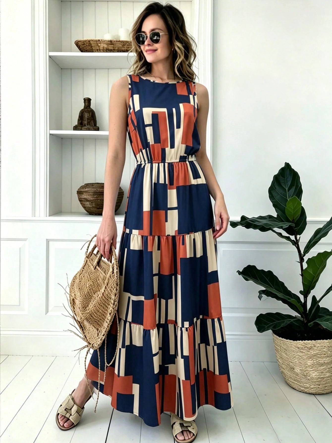 Louniche Women's Summer Round Neck Fashion Geometric Pattern All-Over Print Sleeveless Dress, Suitable For Vacation And Summer Wear, Elegant Party Dress, Suitable For Women's Party, Date, Wedding Seas