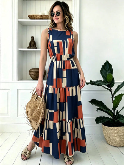 Louniche Women's Summer Round Neck Fashion Geometric Pattern All-Over Print Sleeveless Dress, Suitable For Vacation And Summer Wear, Elegant Party Dress, Suitable For Women's Party, Date, Wedding Seas