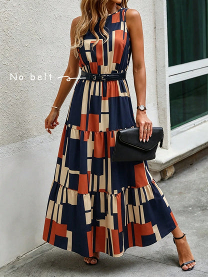 Louniche Women's Summer Round Neck Fashion Geometric Pattern All-Over Print Sleeveless Dress, Suitable For Vacation And Summer Wear, Elegant Party Dress, Suitable For Women's Party, Date, Wedding Seas