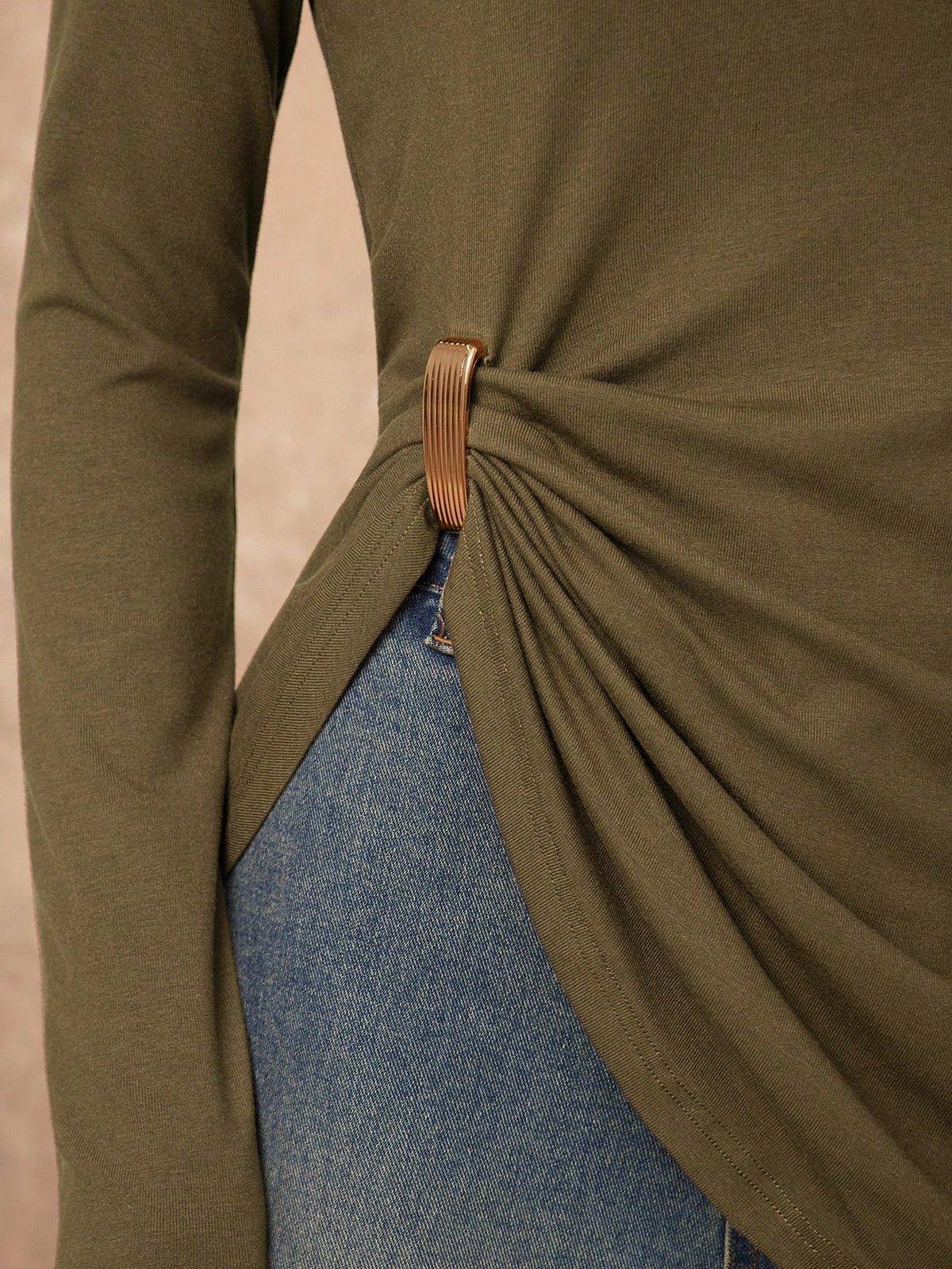 Lumalex Elegant Casual Commuter Everyday Metal Decor Asymmetrical Hem T-Shirt Olive Green Autumn