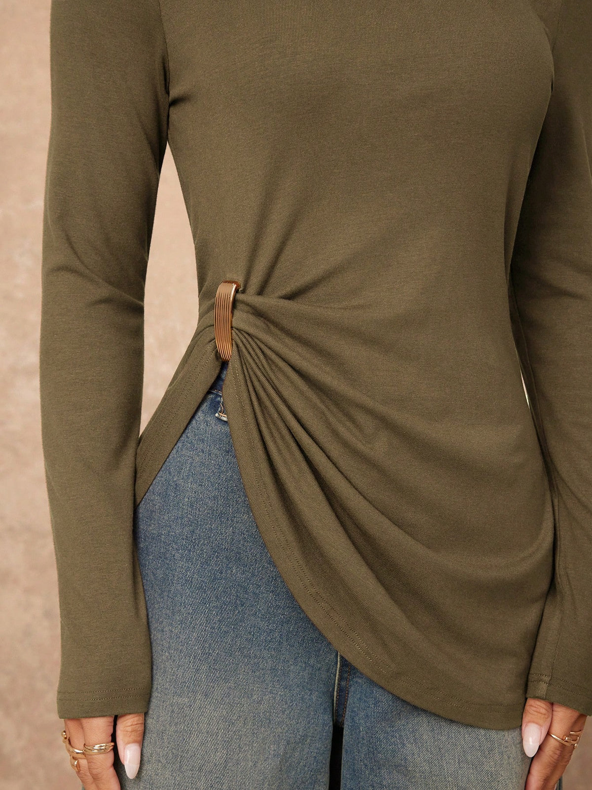 Lumalex Elegant Casual Commuter Everyday Metal Decor Asymmetrical Hem T-Shirt Olive Green Autumn