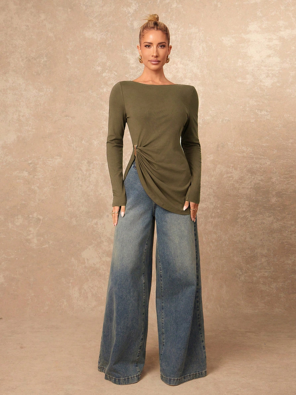 Lumalex Elegant Casual Commuter Everyday Metal Decor Asymmetrical Hem T-Shirt Olive Green Autumn