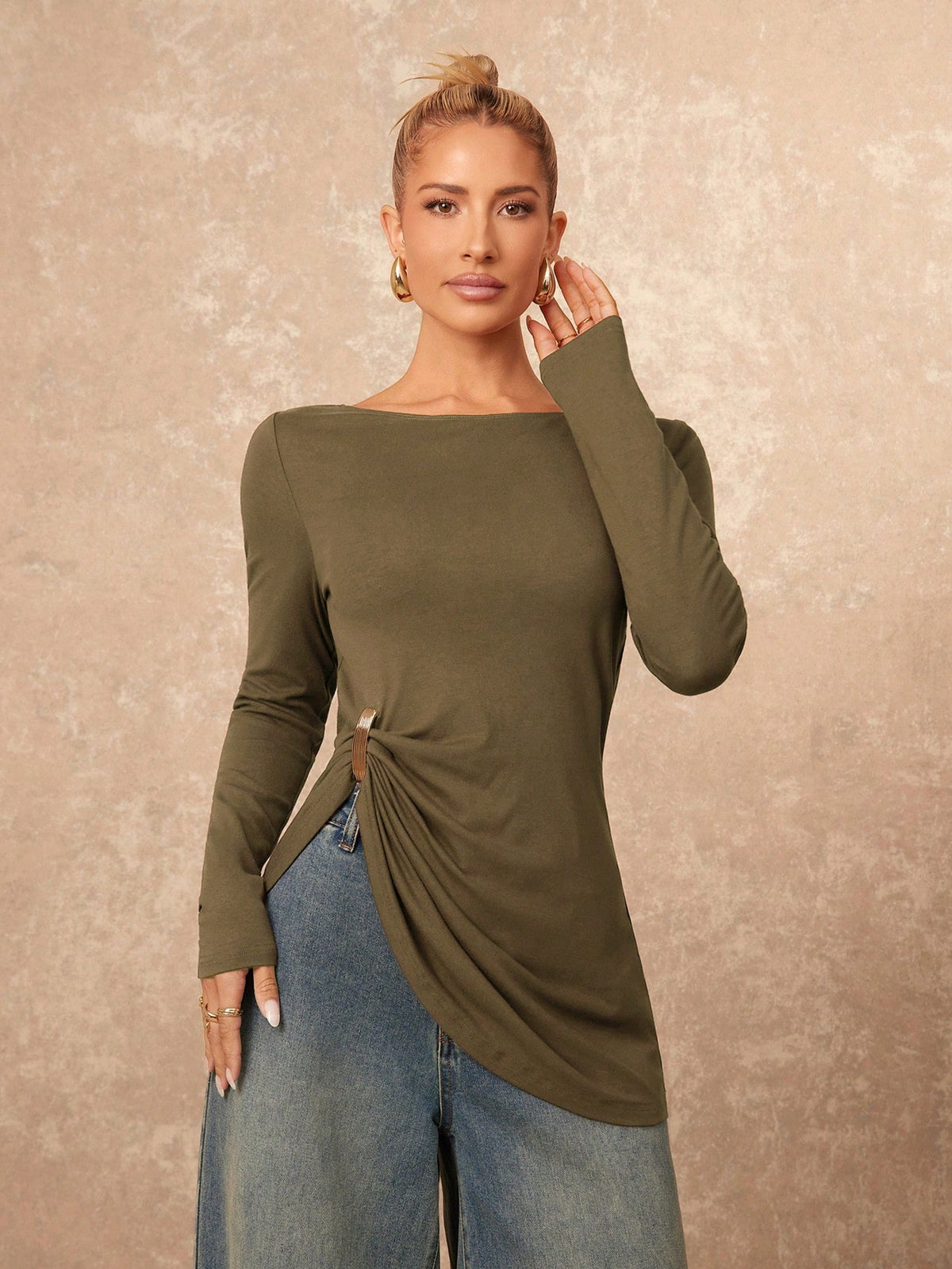 Lumalex Elegant Casual Commuter Everyday Metal Decor Asymmetrical Hem T-Shirt Olive Green Autumn