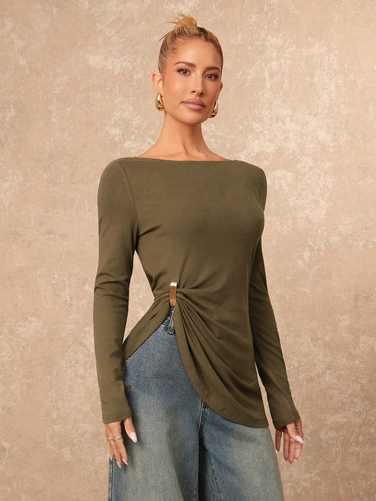 Lumalex Elegant Casual Commuter Everyday Metal Decor Asymmetrical Hem T-Shirt Olive Green Autumn