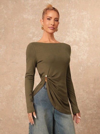 Lumalex Elegant Casual Commuter Everyday Metal Decor Asymmetrical Hem T-Shirt Olive Green Autumn