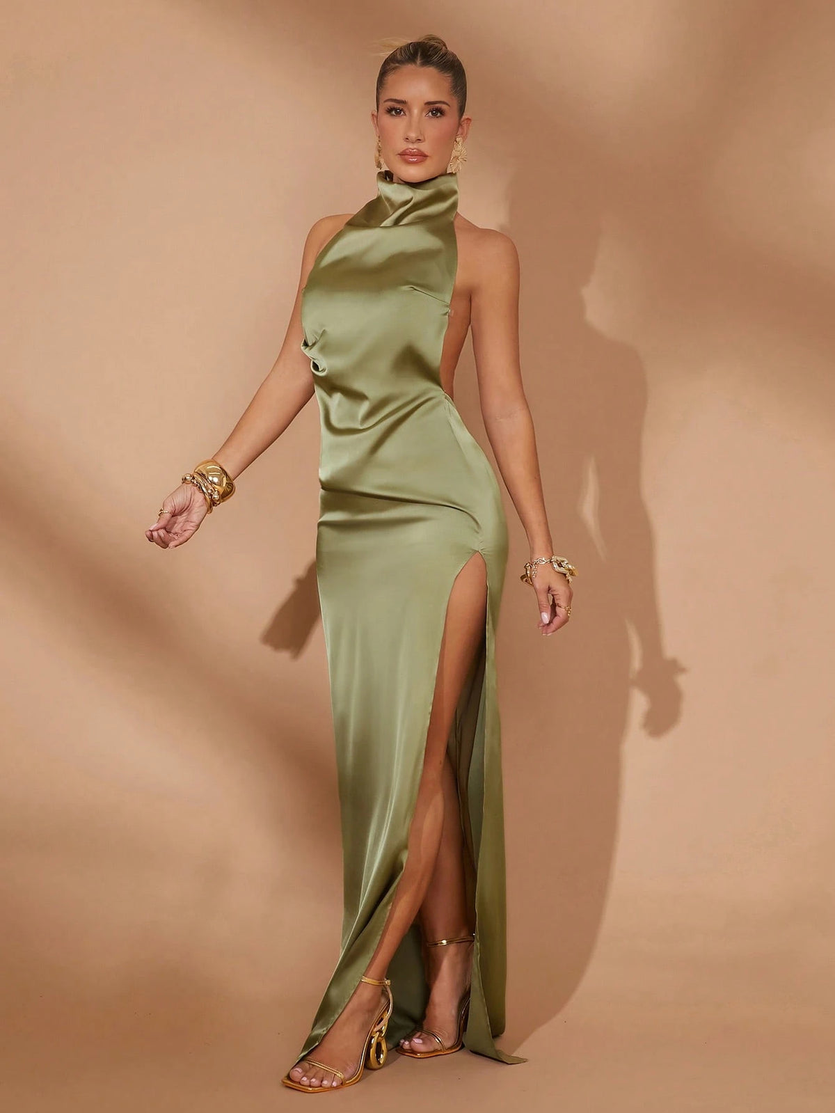 Lumalex Women's Olive Green Elegant Summer Long Dress,Ruched Waisted Straight Bohemian Boho Style For Dining,Wedding Party,Beach Vacation & Banquet Soirées