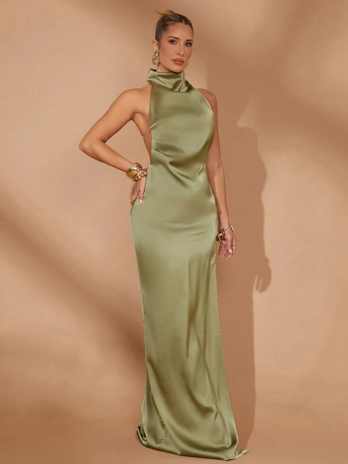 Lumalex Women's Olive Green Elegant Summer Long Dress,Ruched Waisted Straight Bohemian Boho Style For Dining,Wedding Party,Beach Vacation & Banquet Soirées