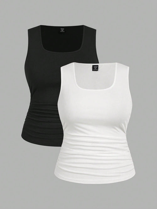 LUNE 2pcs Casual Minimalist Sleeveless Top, Plus Size For Women, Summer Women Clothes Back To School