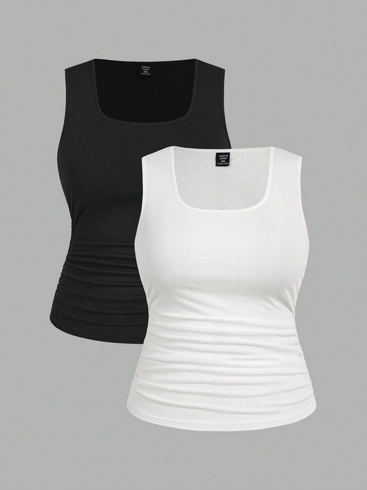 LUNE 2pcs Casual Minimalist Sleeveless Top, Plus Size For Women, Summer Women Clothes Back To School
