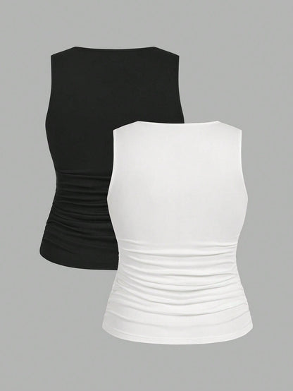 LUNE 2pcs Casual Minimalist Sleeveless Top, Plus Size For Women, Summer Women Clothes Back To School