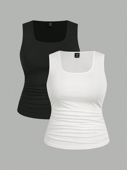 LUNE 2pcs Casual Minimalist Sleeveless Top, Plus Size For Women, Summer Women Clothes Back To School