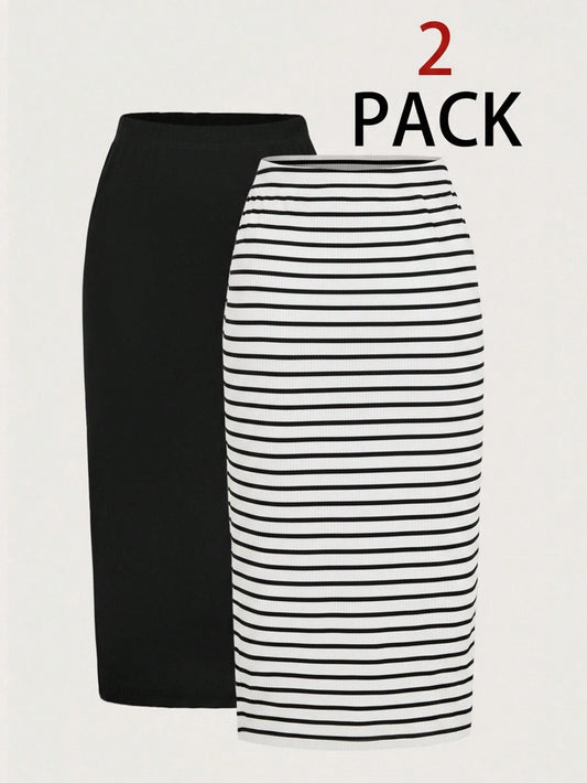 LUNE 2pcs Women Casual Striped & Solid Color Skirt Set Skirts Curve 2 Pieces Skirt Black And White Skirt Skirts For Women Set,Casual