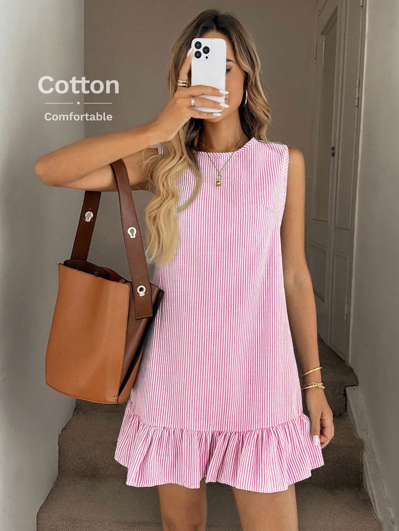 LUNE Blue & White Stripe Ruffle Hem Sleeveless Round Neck Mini Dress For Women,Summer Dresses For Women