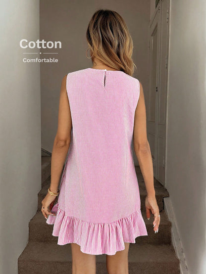 LUNE Blue & White Stripe Ruffle Hem Sleeveless Round Neck Mini Dress For Women,Summer Dresses For Women