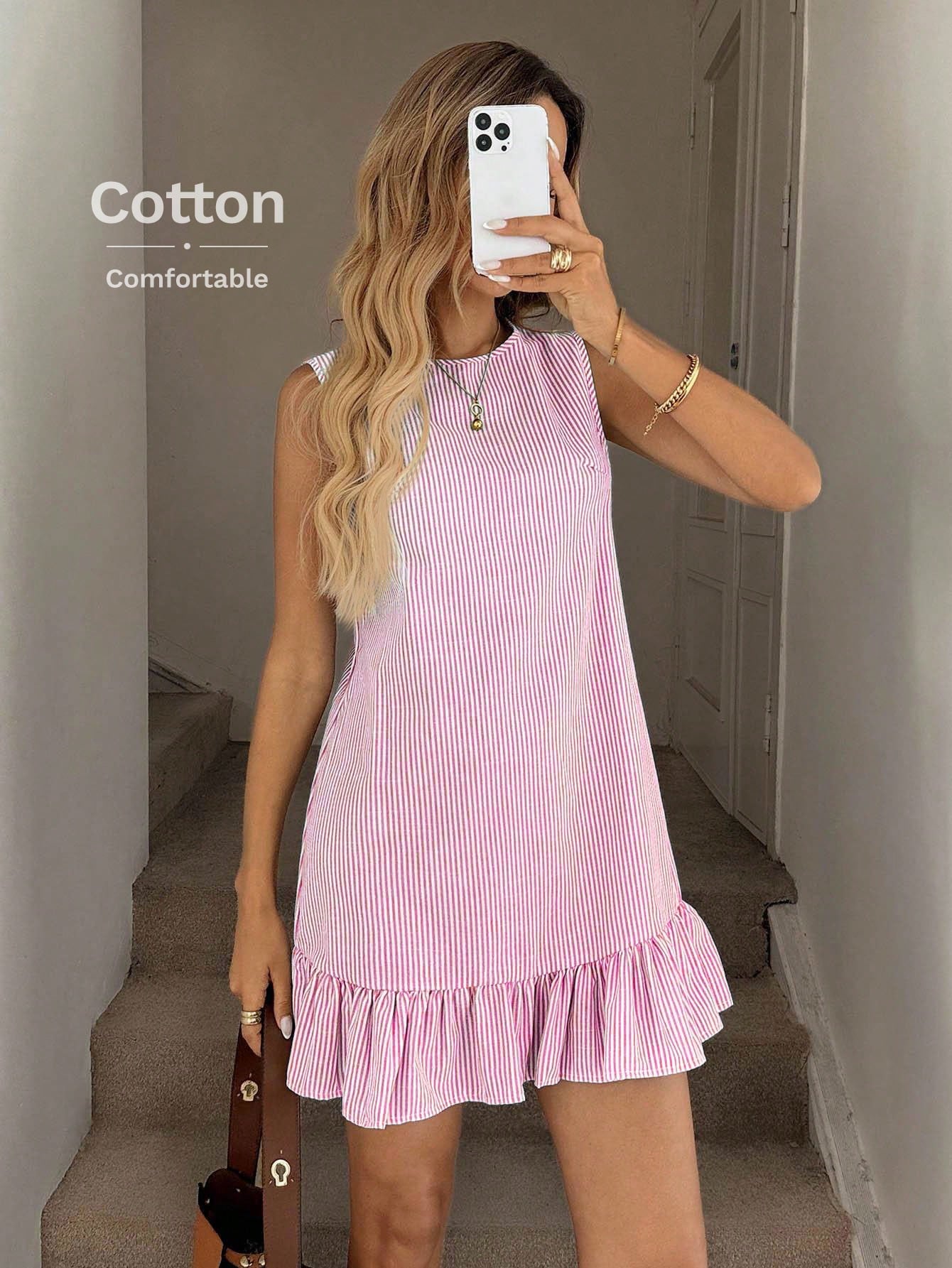 LUNE Blue & White Stripe Ruffle Hem Sleeveless Round Neck Mini Dress For Women,Summer Dresses For Women