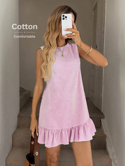 LUNE Blue & White Stripe Ruffle Hem Sleeveless Round Neck Mini Dress For Women,Summer Dresses For Women