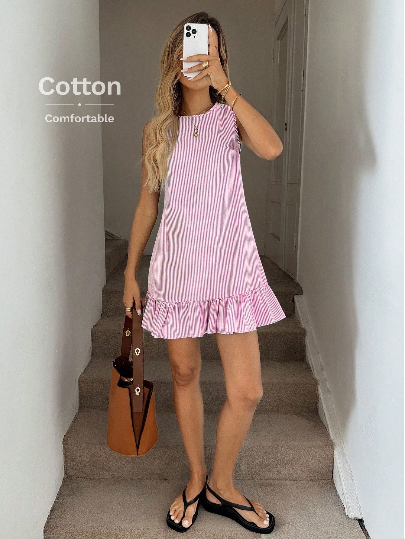 LUNE Blue & White Stripe Ruffle Hem Sleeveless Round Neck Mini Dress For Women,Summer Dresses For Women