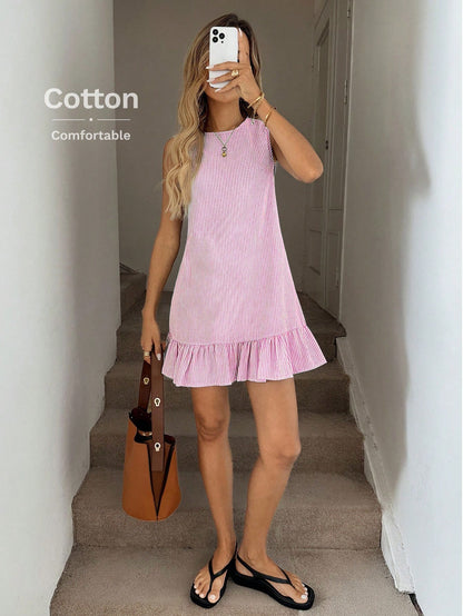 LUNE Blue & White Stripe Ruffle Hem Sleeveless Round Neck Mini Dress For Women,Summer Dresses For Women