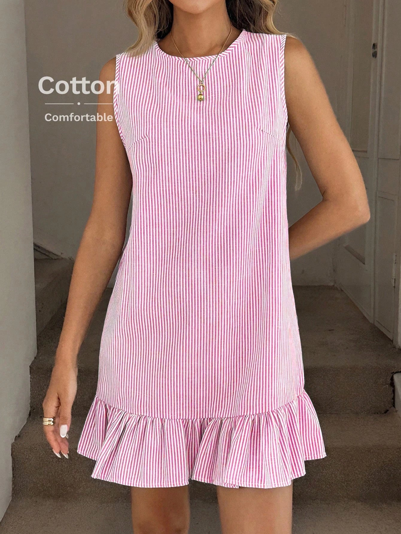 LUNE Blue & White Stripe Ruffle Hem Sleeveless Round Neck Mini Dress For Women,Summer Dresses For Women