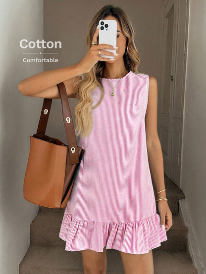 LUNE Blue & White Stripe Ruffle Hem Sleeveless Round Neck Mini Dress For Women,Summer Dresses For Women