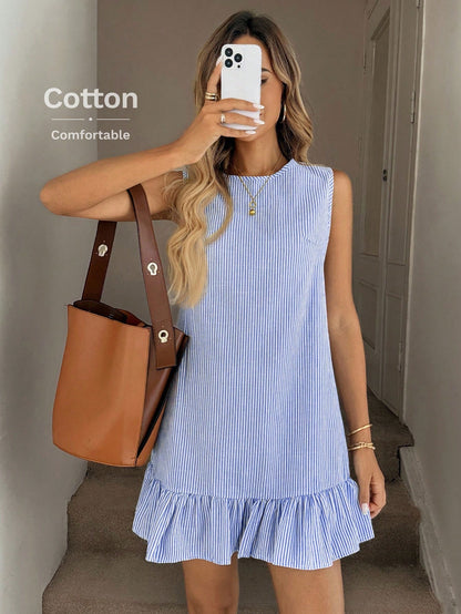 LUNE Blue & White Striped Ruffled Hem Sleeveless Crew Neck Mini Dress For Women Summer Cotton Ruffle Comfy Coastal