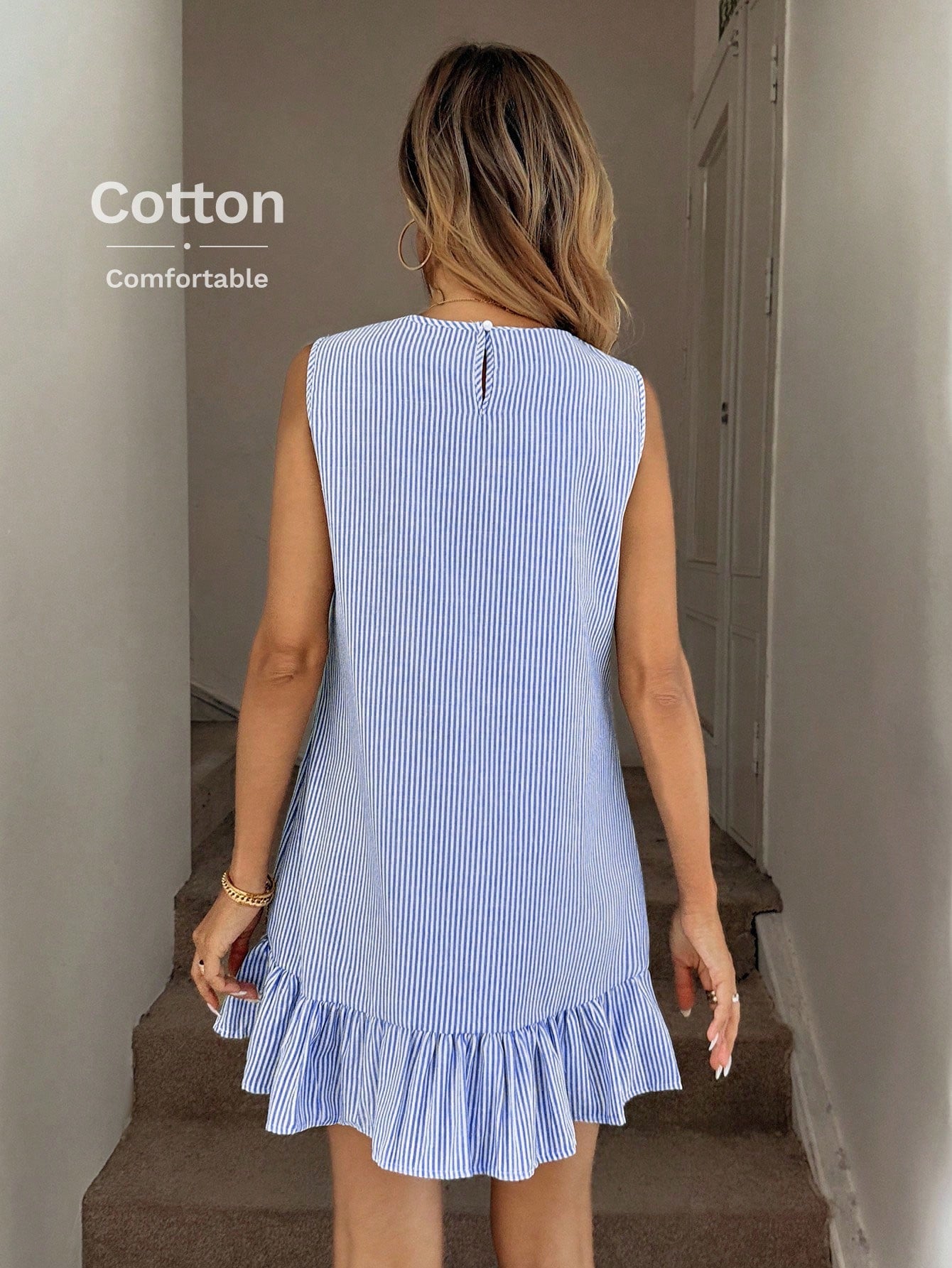 LUNE Blue & White Striped Ruffled Hem Sleeveless Crew Neck Mini Dress For Women Summer Cotton Ruffle Comfy Coastal