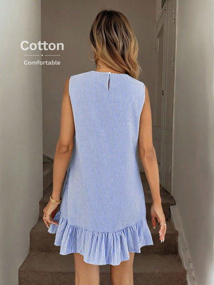 LUNE Blue & White Striped Ruffled Hem Sleeveless Crew Neck Mini Dress For Women Summer Cotton Ruffle Comfy Coastal