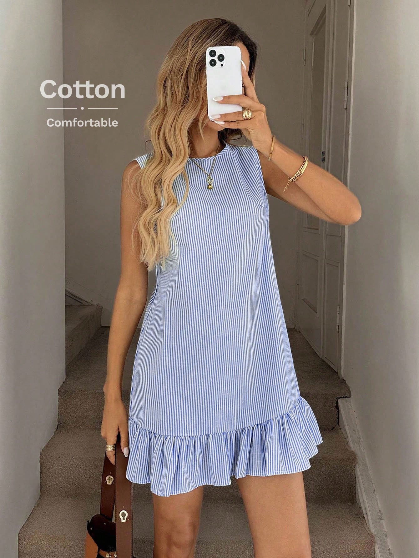 LUNE Blue & White Striped Ruffled Hem Sleeveless Crew Neck Mini Dress For Women Summer Cotton Ruffle Comfy Coastal