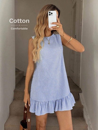 LUNE Blue & White Striped Ruffled Hem Sleeveless Crew Neck Mini Dress For Women Summer Cotton Ruffle Comfy Coastal