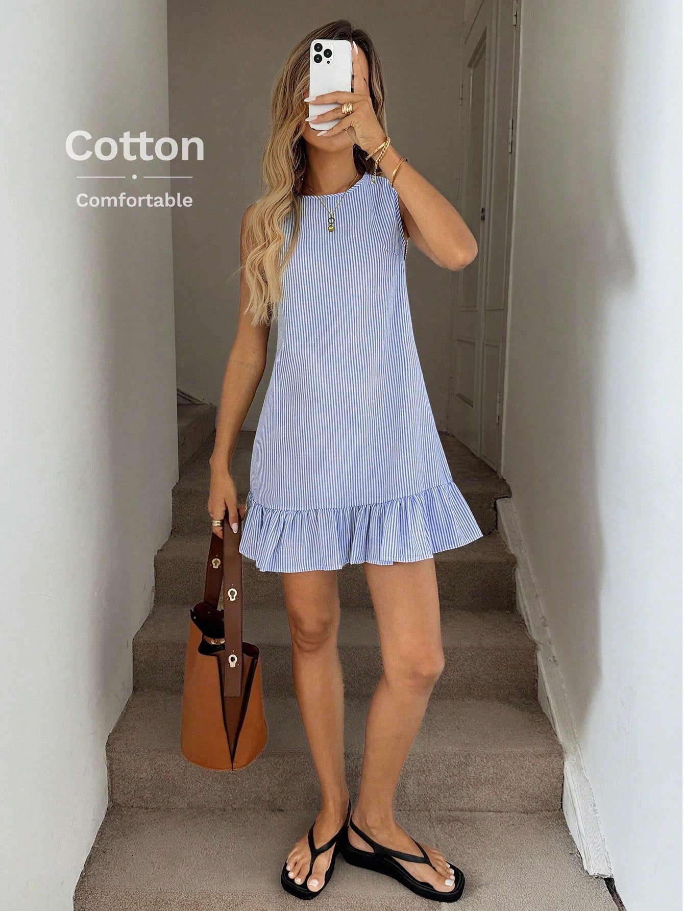LUNE Blue & White Striped Ruffled Hem Sleeveless Crew Neck Mini Dress For Women Summer Cotton Ruffle Comfy Coastal