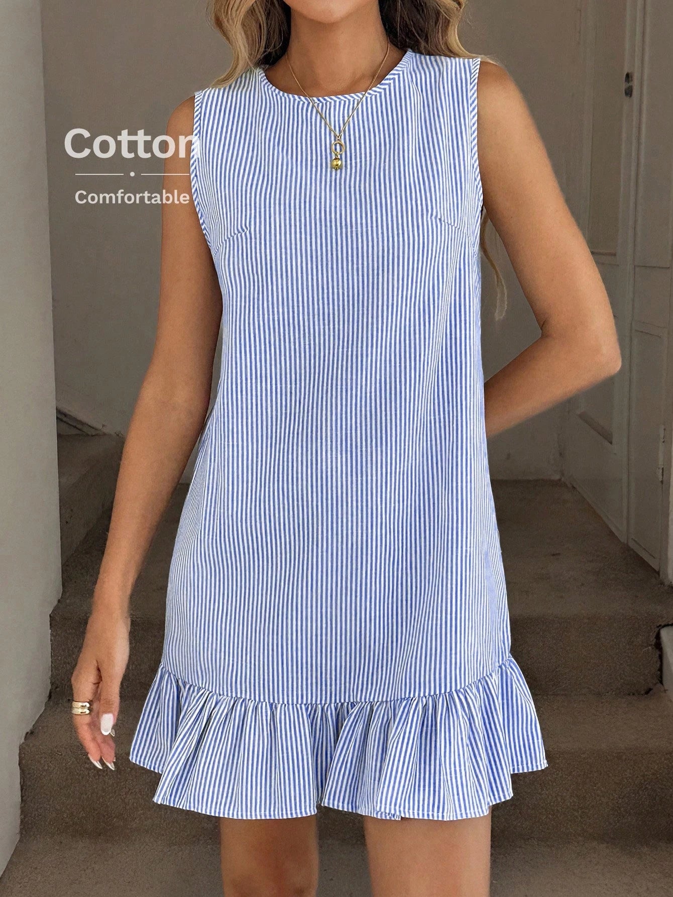 LUNE Blue & White Striped Ruffled Hem Sleeveless Crew Neck Mini Dress For Women Summer Cotton Ruffle Comfy Coastal
