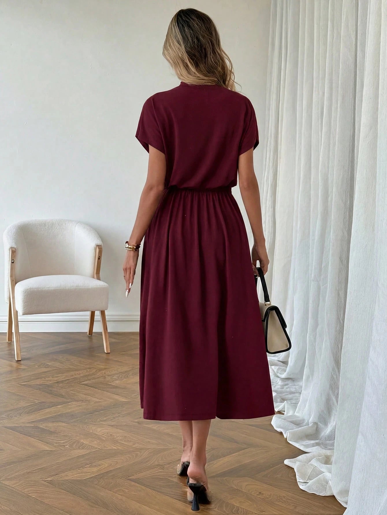 LUNE Casual Elegant Women's Mock Neck Low Waist Dress Teachers' Day Office Burgundy Summer