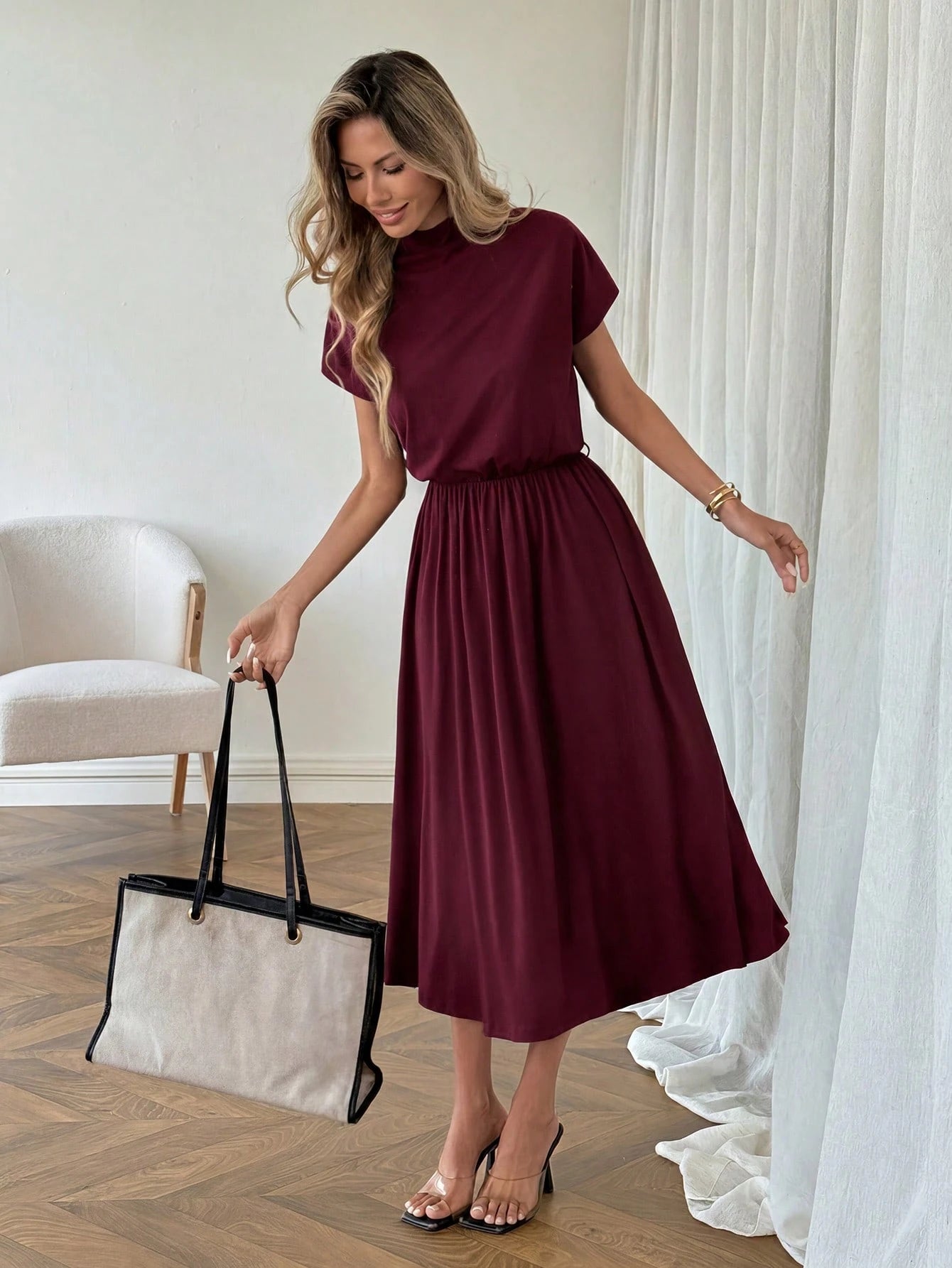 LUNE Casual Elegant Women's Mock Neck Low Waist Dress Teachers' Day Office Burgundy Summer