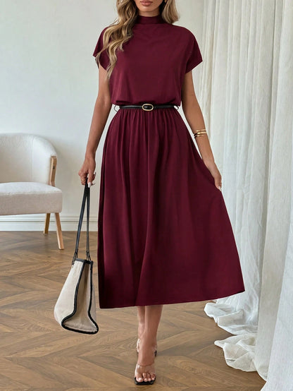 LUNE Casual Elegant Women's Mock Neck Low Waist Dress Teachers' Day Office Burgundy Summer