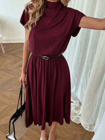 LUNE Casual Elegant Women's Mock Neck Low Waist Dress Teachers' Day Office Burgundy Summer