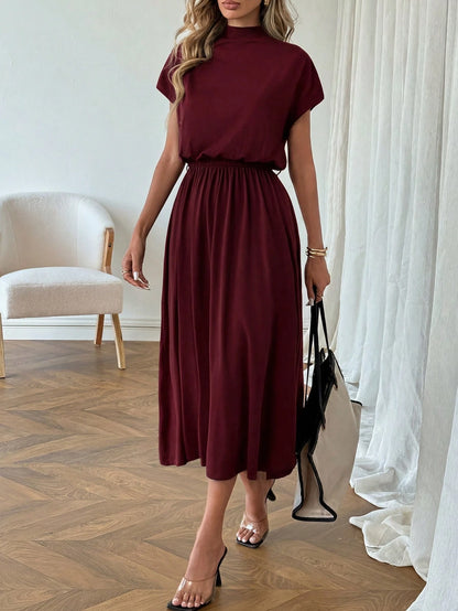 LUNE Casual Elegant Women's Mock Neck Low Waist Dress Teachers' Day Office Burgundy Summer