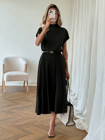 LUNE Casual Elegant Women's Mock Neck Low Waist Dress Teachers' Day Office Burgundy Summer