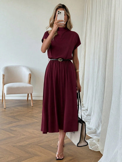 LUNE Casual Elegant Women's Mock Neck Low Waist Dress Teachers' Day Office Burgundy Summer