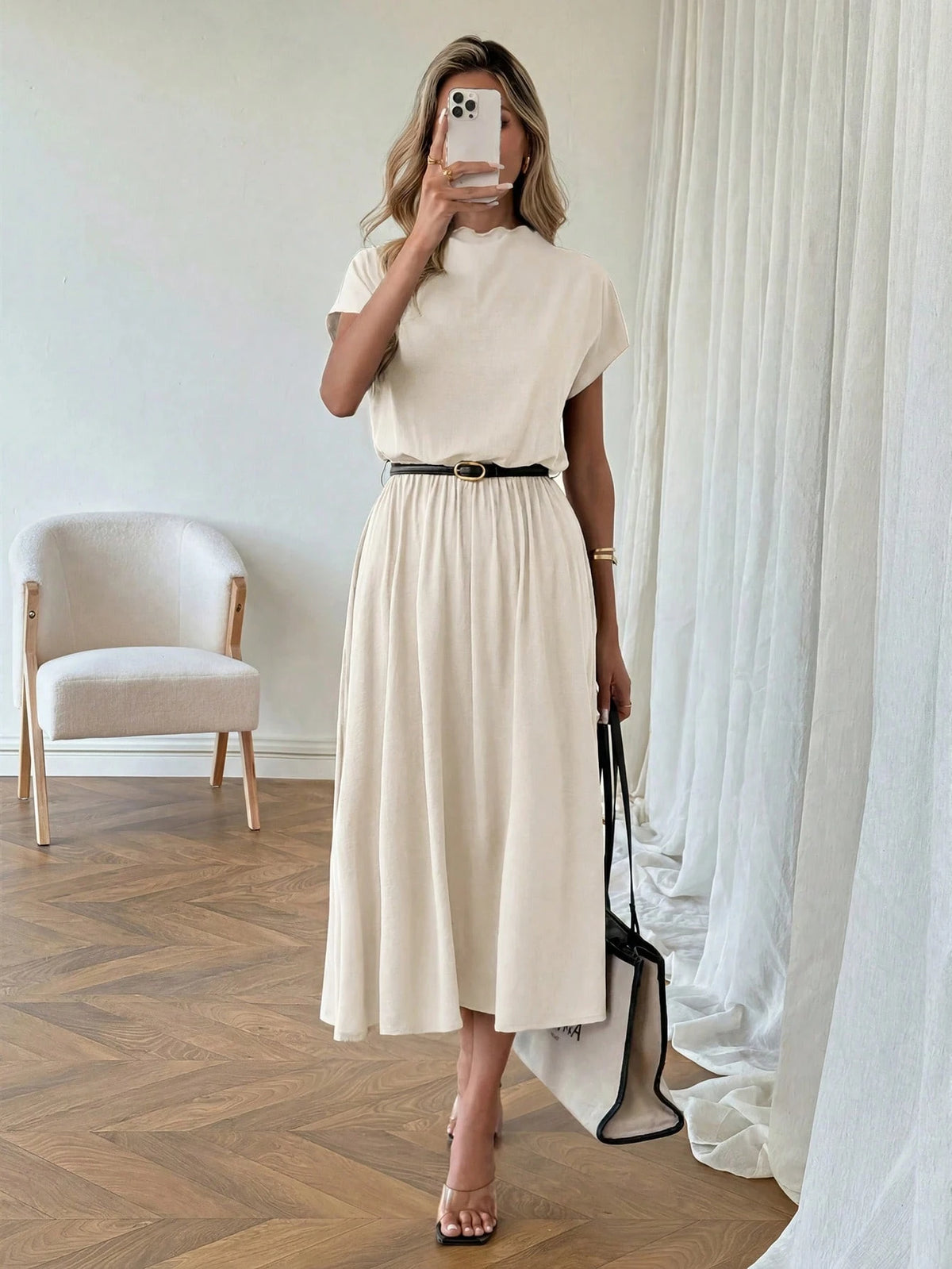 LUNE Casual Elegant Women's Semi-High Neck Low Waist Dress Office Orange Summer