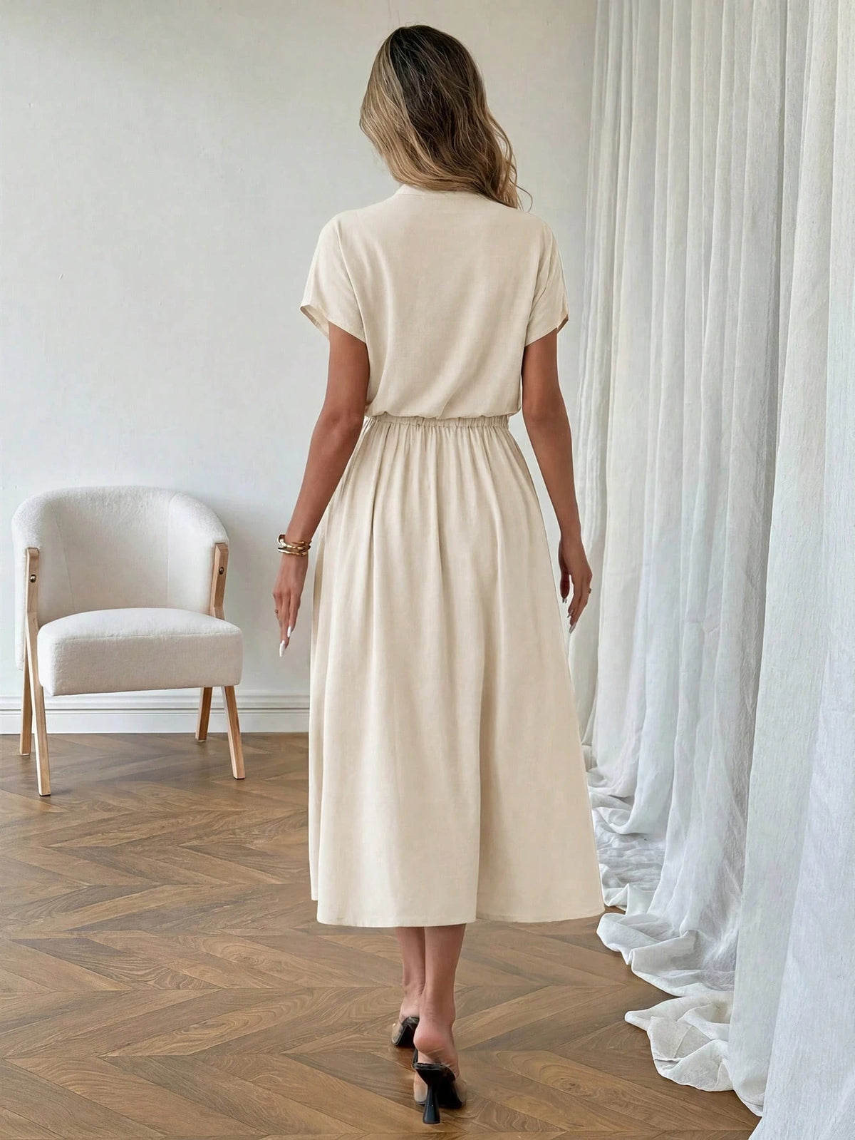 LUNE Casual Elegant Women's Semi-High Neck Low Waist Dress Office Orange Summer