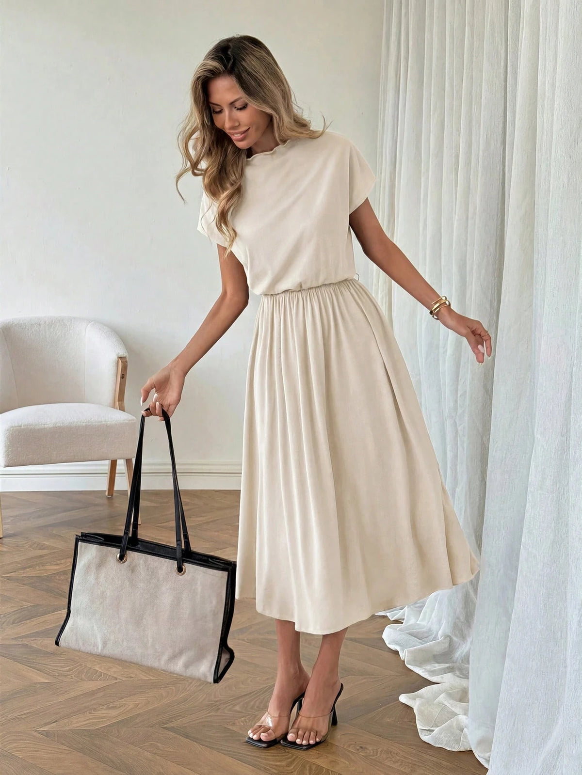 LUNE Casual Elegant Women's Semi-High Neck Low Waist Dress Office Orange Summer