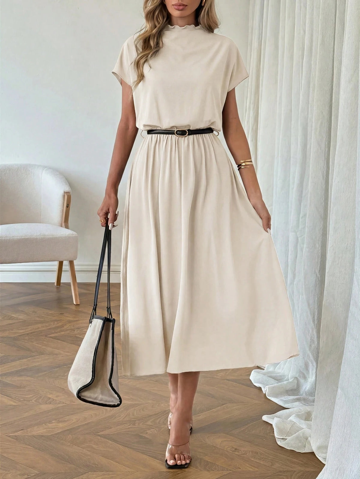 LUNE Casual Elegant Women's Semi-High Neck Low Waist Dress Office Orange Summer