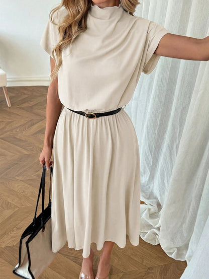 LUNE Casual Elegant Women's Semi-High Neck Low Waist Dress Office Orange Summer