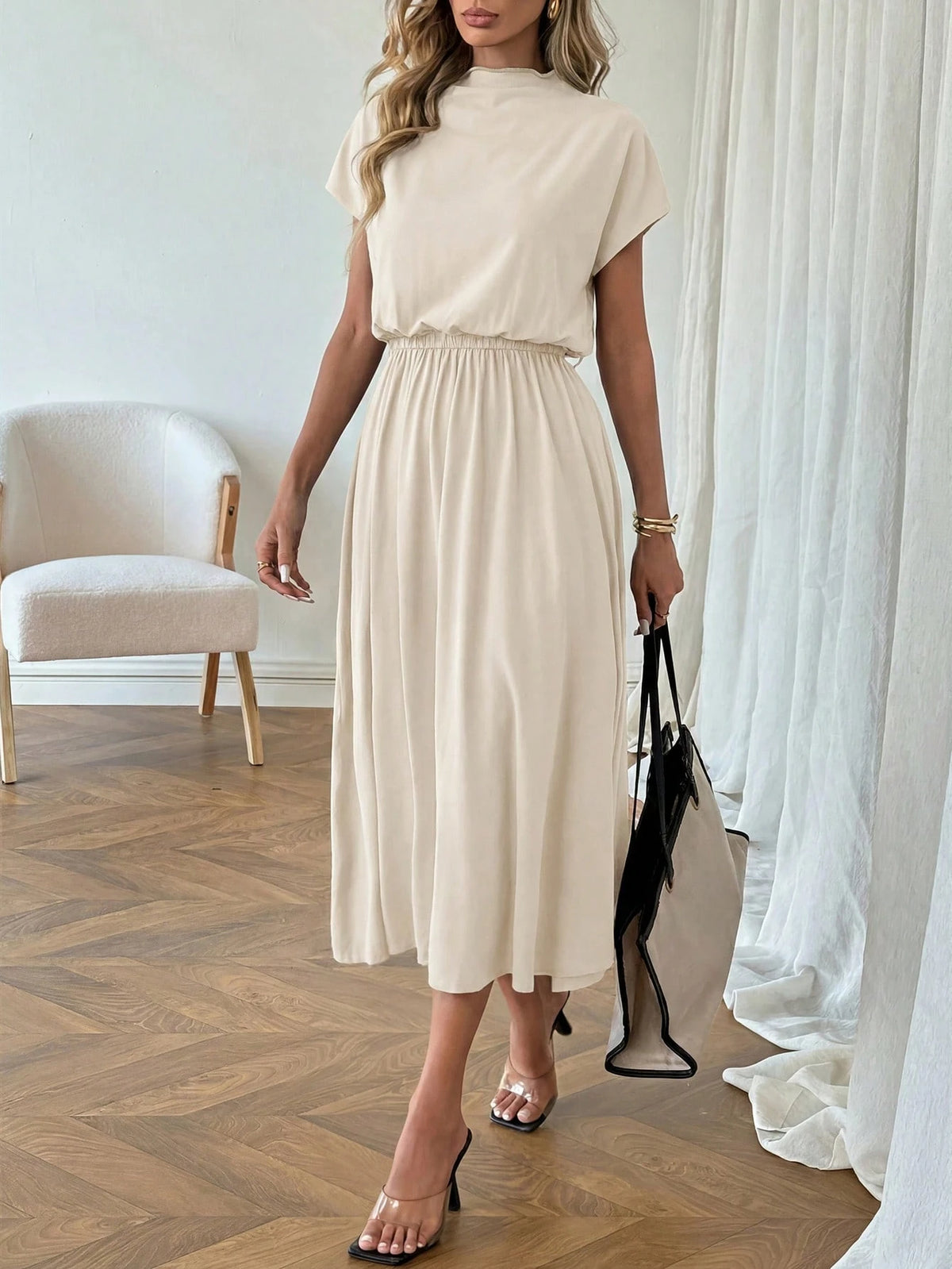 LUNE Casual Elegant Women's Semi-High Neck Low Waist Dress Office Orange Summer
