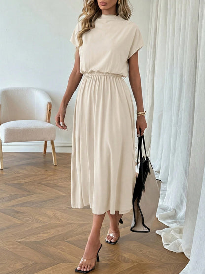 LUNE Casual Elegant Women's Semi-High Neck Low Waist Dress Office Orange Summer