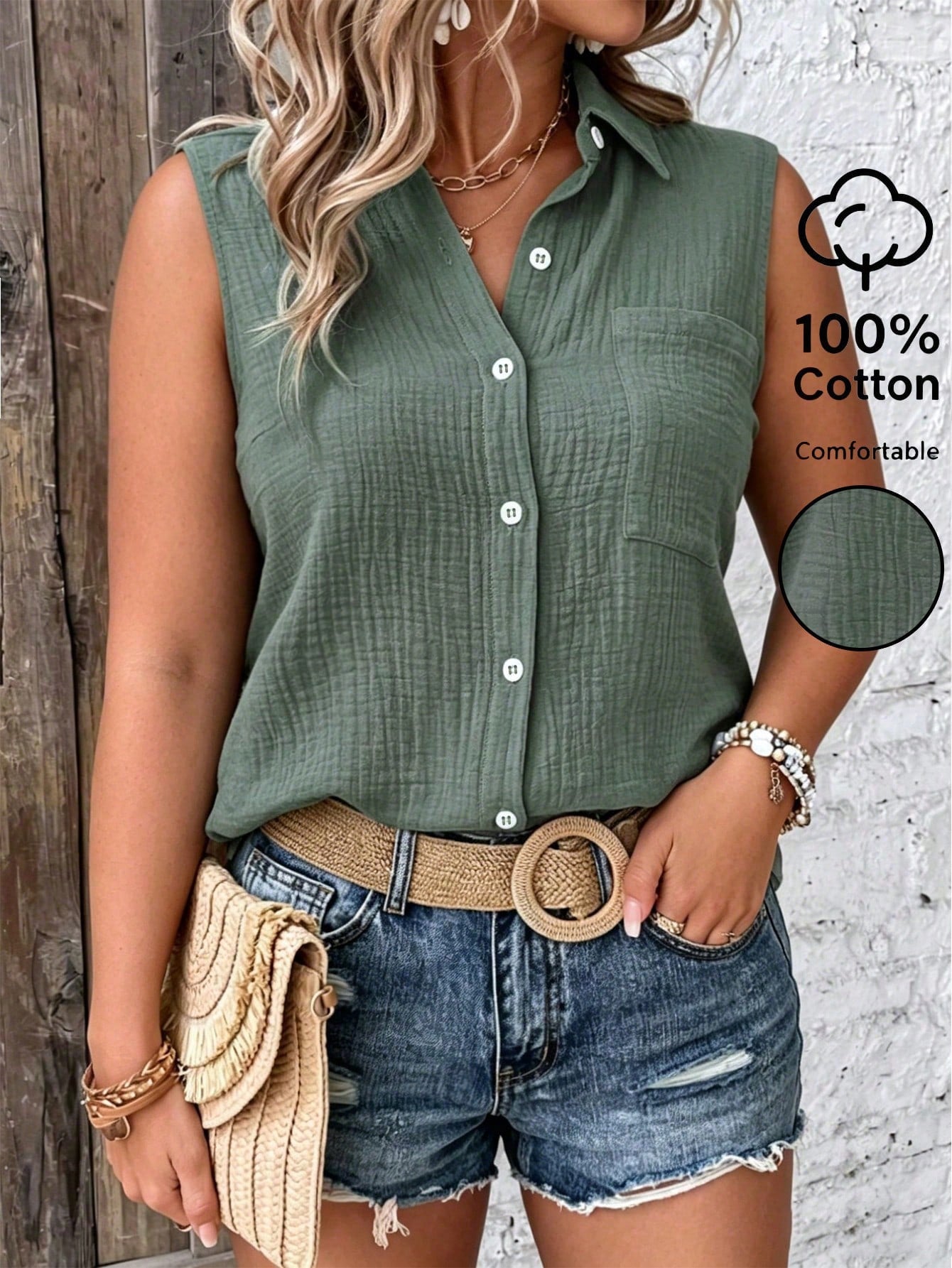 LUNE CURVE Plus-Size Women's Solid Color Single-Breasted Sleeveless Casual Cotton Shirt, Summer Women, Vacation, Linen Top